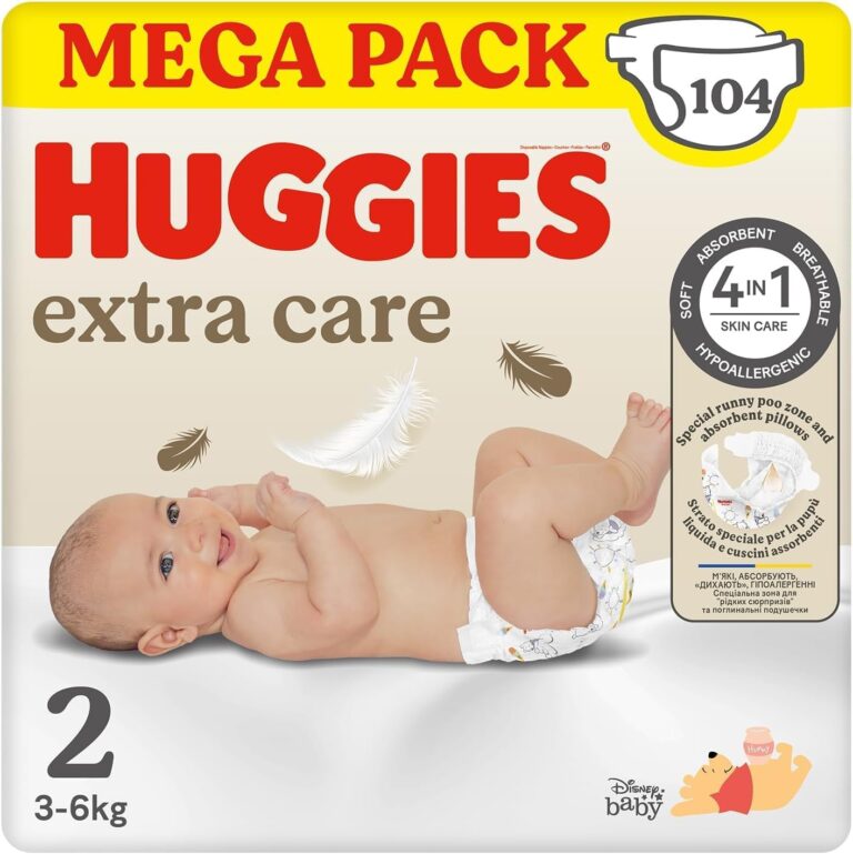 Huggies Extra Care Bebè, Pannolini Taglia 2 (3-6Kg), Ultra assorbente, Design Disney, Pacco Mega, 104 Pz