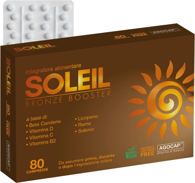 Integratore Soleil | 80 compresse con Betacarotene, Rame, Selenio, Licopene, Vitamine C, D, E, B. Attivatore abbronzatura Prepara, Accelera e mantiene la pelle dorata. Stimola la melanina